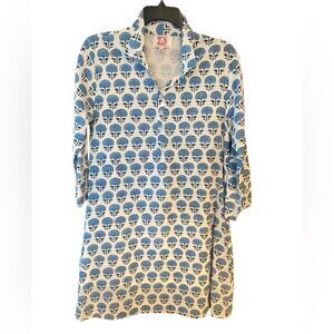 Victoria Dunn Sz M Blue White Feminine Boho Cotton Flowy Statement Pocket Dress